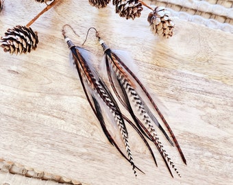 Long Feather Earrings,  feather earrings, gray earrings, bohemian earrings, western jewelry, black feather earrings, brown feather earringsC