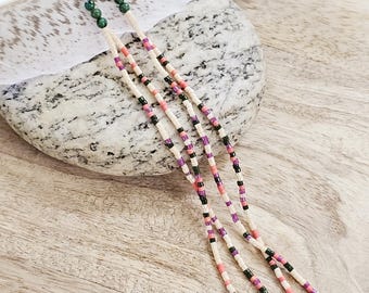 Seed bead earrings: long seed bead earring, long beaded earring, pink seed bead earring, cream beaded jewelry, turquoise tassle earring