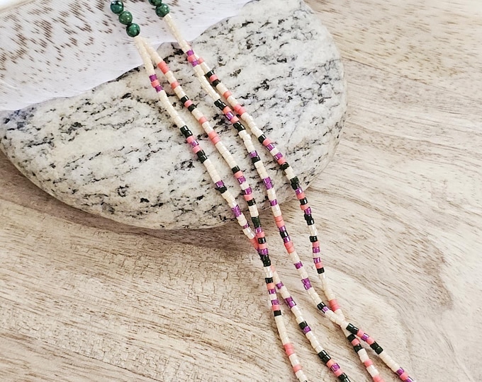 Seed bead earrings: long seed bead earring, long beaded earring, pink seed bead earring, cream beaded jewelry, turquoise tassle earring