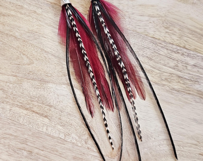 Red feather earrings: dark red boho earrings, red western earrings, red and black jewelry, burgundy feather earrings, boho accessories