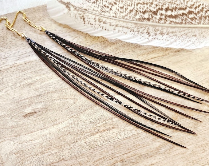 Paperclip Chain Feather Earrings, brown feather earrings, brown boho earrings, real feather earrings, long feather earrings, winter earring