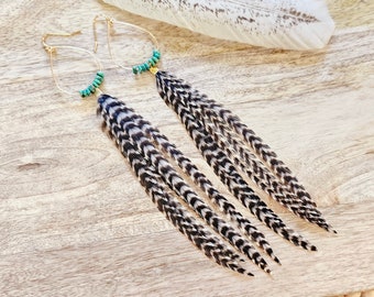 Feather Earrings, turquoise earrings, bohemian earrings, long earrings, black feather earrings, teardrop earrings, long feather earrings