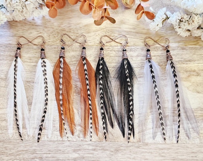 Small feather earring, small boho earring, white boho earring, black boho earring, autumn jewelry, gifts for her, short feather earring