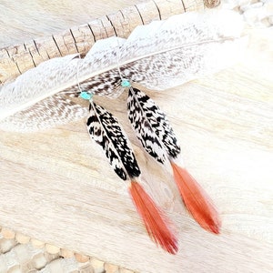Feather Earrings/ turquoise earrings/ boho earrings/ southwestern earrings/ statement earrings/ pheasant earrings/ feather hoop earrings