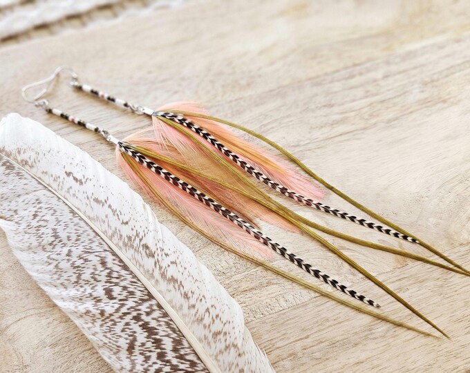 Peach Feather Earrings: long feather earring, beaded feather earring, hair accessories, coral boho jewelry, seed bead earring, peach earring