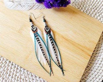Feather earrings, real feather earrings, boho earring, western earrings, hippie earring, gypsy earring, white feather earring, gifts for her