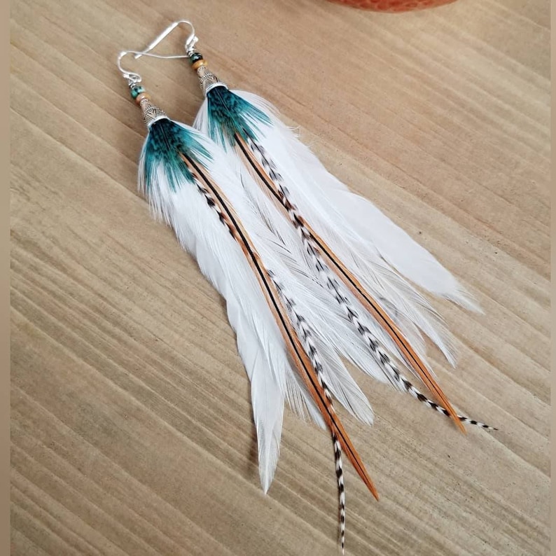 Feather earrings, real feather earrings, bohoemian earrings, western earrings, hippie earrings, gypsy earrings, white feather earrings image 6