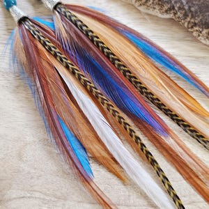 May include: Long feather earrings with a silver accent and teal bead. The earrings feature a mix of brown, blue, white, and orange feathers. The feathers are arranged in a layered design, creating a unique and eye-catching accessory.