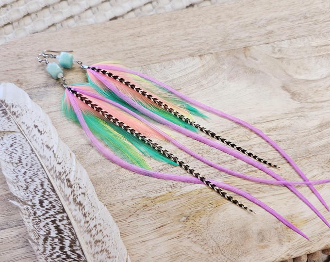 Neon Lilac Feather Earrings, colorful feather earrings, neon boho jewelry, neon pastel jewelry, rainbow earrings, colorful boho jewelry