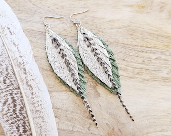 Green Leather Earring: shimmer leather jewelry, feather earring, metallic leather earring, green western jewelry, boho shimmer jewelry, gift