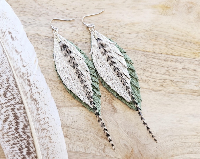 Green Leather Earring: shimmer leather jewelry, feather earring, metallic leather earring, green western jewelry, boho shimmer jewelry, gift