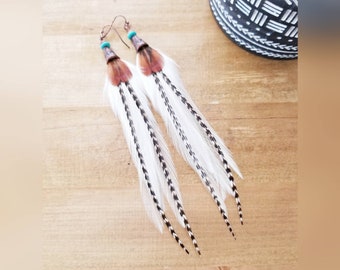 White feather earrings, bohemian earrings, black and white earrings, rodeo earrings, wedding earrings, boho wedding, everyday earrings