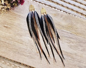 Long Black Feather Earrings: Brass Arch, Boho Western Jewelry