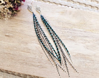 Teal Feather Western Earrings: Long Boho Southwestern Jewelry