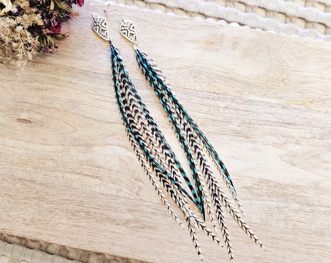 Western Feather Earrings: teal feather earrings, southwestern earring, long feather earring, boho western jewelry, feather accessories, gift