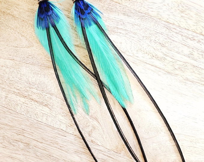 Turquoise Feather Earrings, blue feather earrings, boho earrings, bright colorful earring, spring earrings, statement earring, gifts for her
