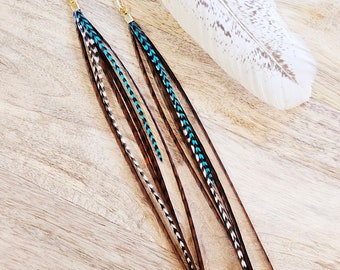Feather Earrings, teal feather earrings, boho earrings, real feather earrings, long feather earrings, brown feather earring, western gifts
