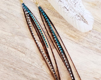 Feather Earrings, teal feather earrings, bohemian earrings, real feather earrings, long feather earrings, paperclip chain, brown feathers