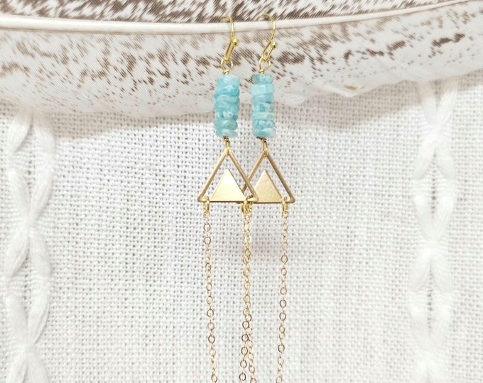 Stacked Amazonite Dangle Earrings: amazonite jewelry, art deco triangle earring, dainty chain earring, art deco earring, boho chic jewelry,