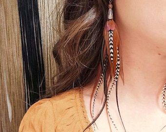 Long Feather Earrings: Brown and Black Feathers, Natural Boho Jewelry, Western Style