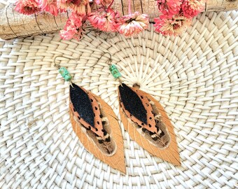 Leather Feather Earrings/ leather earrings/ feather earrings/ southwestern earrings/ boho earrings/ tan earrings/ fall earrings/ boho giftsC