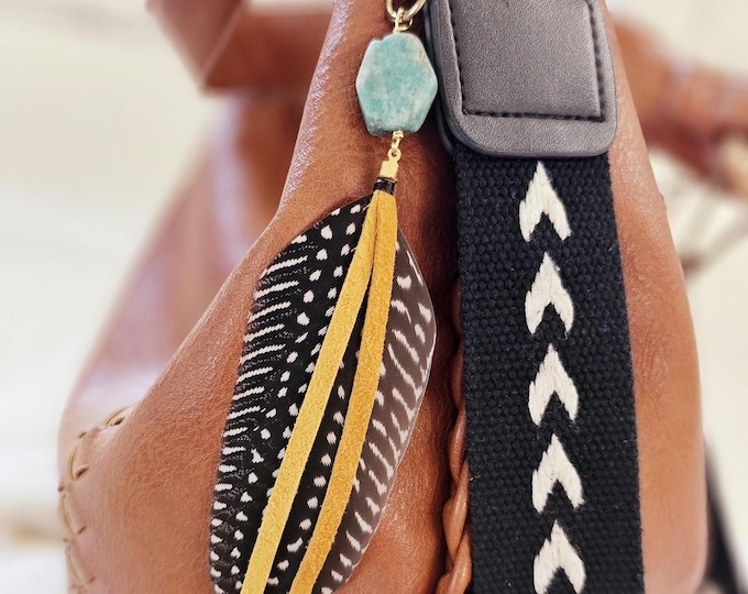 Boho Bag Charm: boho purse accessorie, feather purse charm, beaded bag charm, western bag charm, feather bag charm, leather feathe bag charm