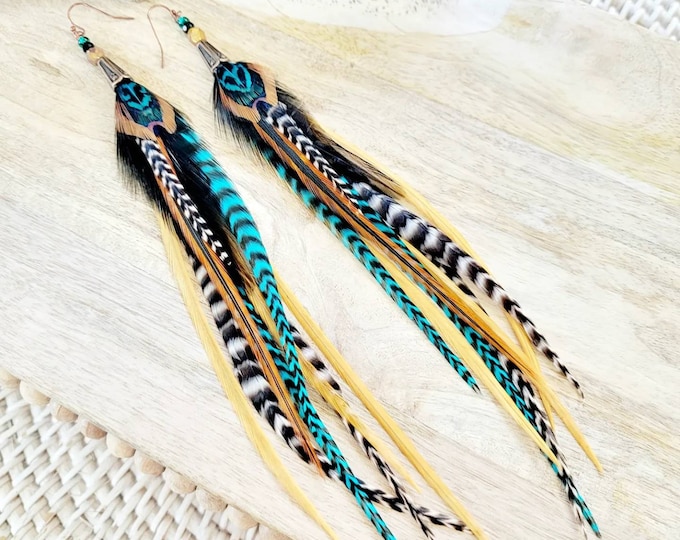 Long Feather Earrings/ boho earrings/ southwestern earrings/ statement earrings/ feathers/ boho gifts/ rodeo earrings/ concert earrings/ C