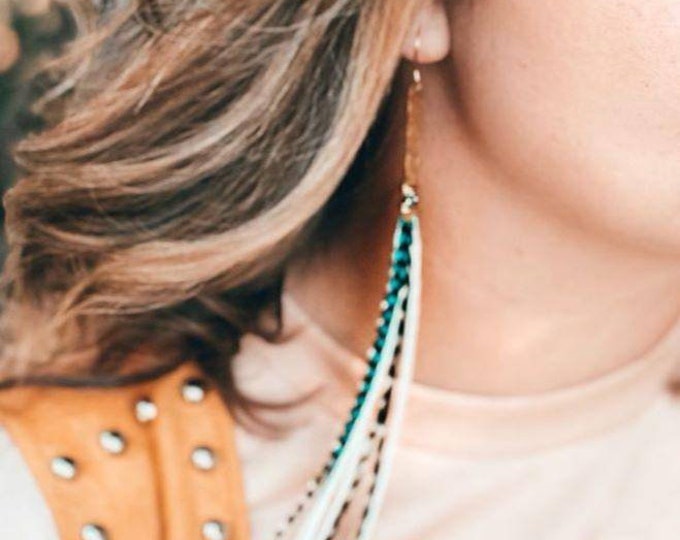 Long boho feather earrings, boho wedding earrings, dramatic earrings, long feather earrings, gold bar earrings, boho beaded earrings