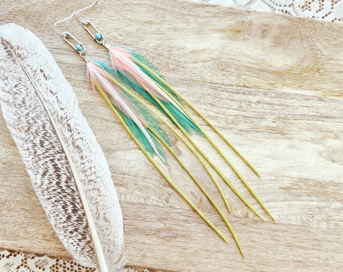 Colorful Feather Earring: teal feather earring, green feather earring, colorful boho jewelry, summer jewelry, boho vacation jewelry, gifts