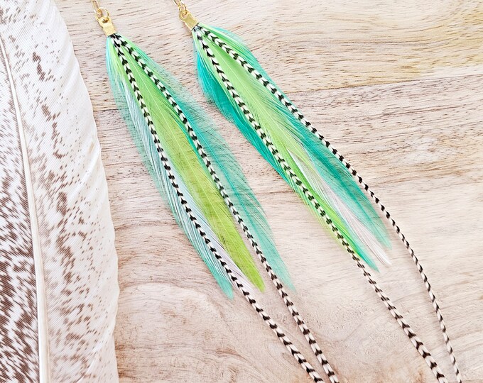 Green Feather Earrings: vacation jewelry, green boho earring, bright feather earring, summer jewelry, vacation earring, festival jewelry