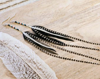Black Feather Earrings: long feather earring, beaded feather earring, hair accessories, black boho jewelry, seed bead earring, unique gifts