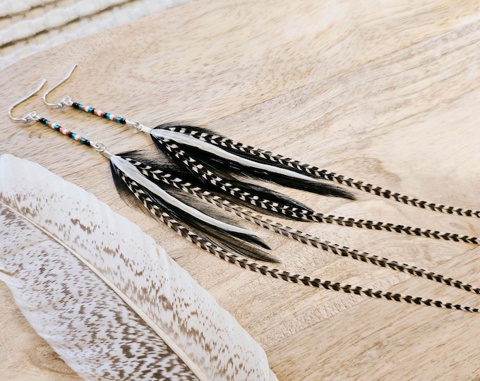 Black Feather Earrings: long feather earring, beaded feather earring, hair accessories, black boho jewelry, seed bead earring, unique gifts