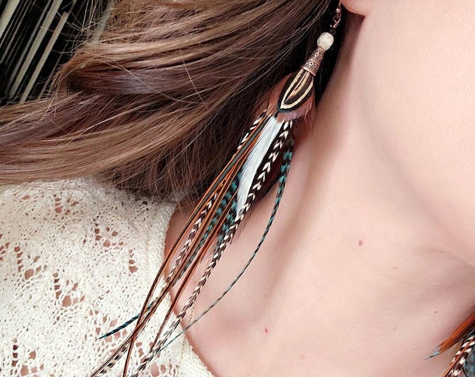 Feather Earrings, long feather earrings, boho earrings, teal feather earrings, concert earrings, winter earrings, hippie earrings, gifts