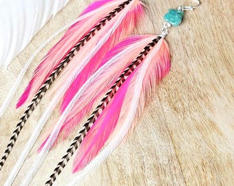 Turquoise and Coral Feather Earrings, Long Summer Earrings, Boho Jewelry