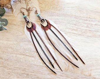 White Feather Earrings, Turquoise Bead, Boho Western Style