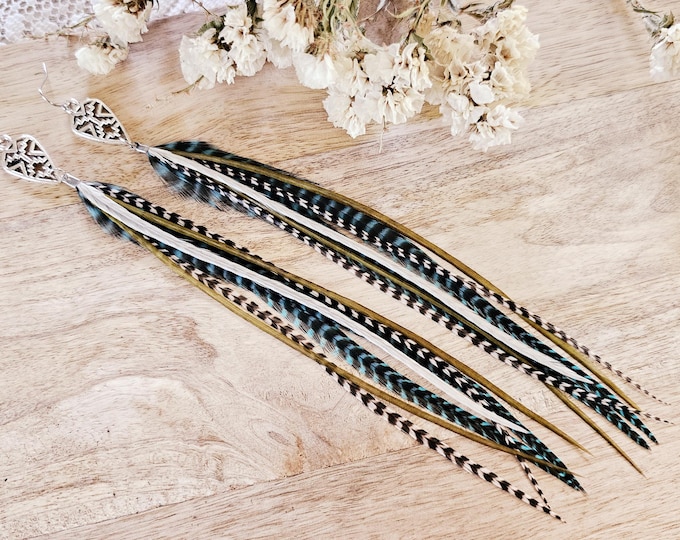 Feather Earring, western earring, southwestern earring, long feather earring, rodeo earring, concert earring, boho earring, hair accessories