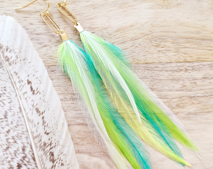 Green Feather Earrings, vacation earrings, green earrings, summer earrings, tropical earrings, festival earring, gifts for her, neon earring