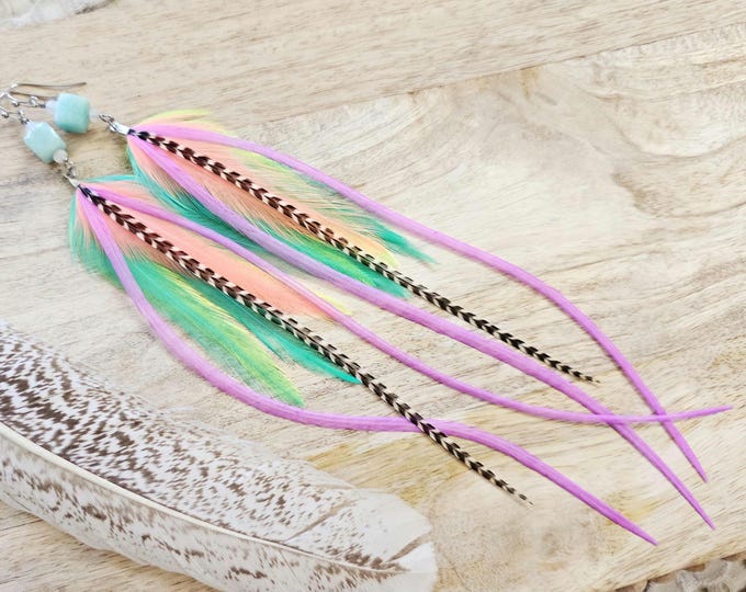 Neon Lilac Feather Earrings, colorful feather earrings, neon boho jewelry, neon pastel jewelry, rainbow earrings, colorful boho jewelry