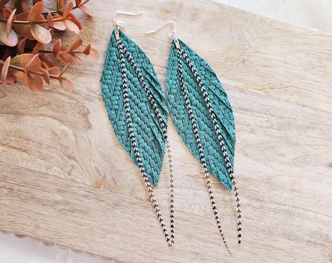 Leather Feather Earrings, teal leather earrings, feather earrings, western leather earring, large earrings, cowgirl earrings, gifts for her