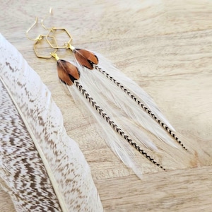 May include: Feather earrings with gold-coloured hexagonal details. The earrings have white feathers with brown and black markings. A large, patterned feather lies next to the earrings on a light wood surface.