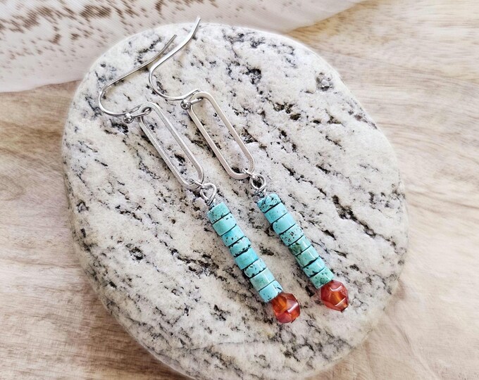 Carnelian and Turquoise Earrings: stacked turquoise earring, turquoise jewelry, carnelian jewelry, turquoise dangle earring, small turquoise