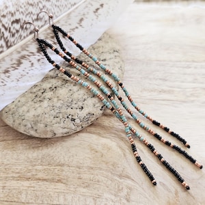 Long beaded Earrings, seed bead earrings, turquoise beaded earrings, boho beaded earring, western fringe earring, black beaded earrings