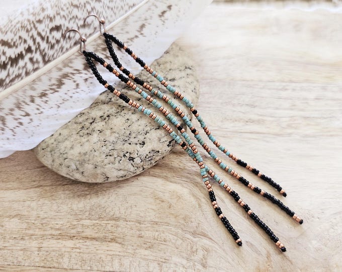 Long beaded Earrings, seed bead earrings, turquoise beaded earrings, boho beaded earring, western fringe earring, black beaded earrings