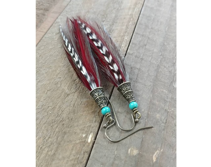 Feather Earrings/ boho earrings/ western earrings/ wedding earrings/ red earrings/ feathers/ rodeo earrings/ feather jewelry/ red feathers