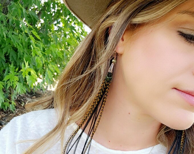 Black feather earrings, green feather earrings, long feather earrings, western earrings, bohemian earrings, long boho earrings, boho gifts N