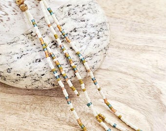 Long Seed Bead Earrings: long beaded earring, cream beaded earring, colorful seed bead jewelry, beaded dangle earring, long boho earring