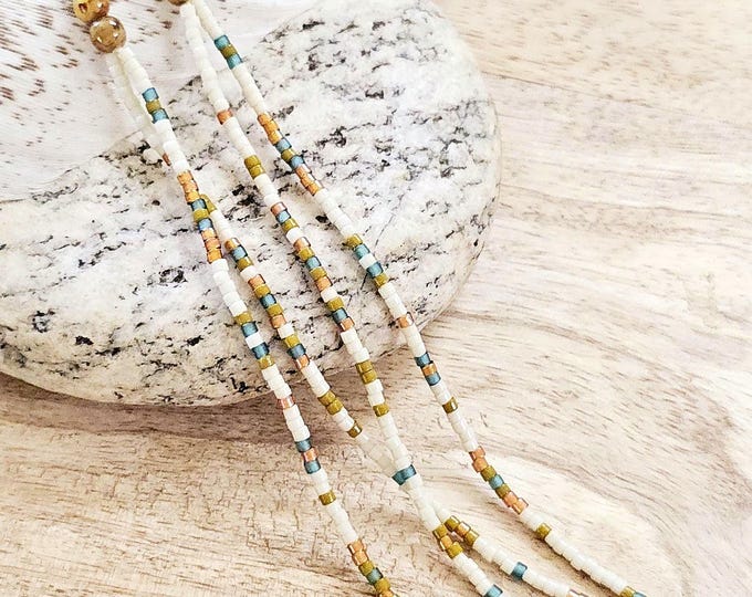 Long Seed Bead Earrings: long beaded earring, cream beaded earring, colorful seed bead jewelry, beaded dangle earring, long boho earring