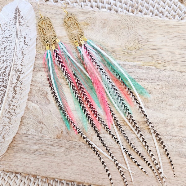 Colorful Feather Earrings, summer boho earrings, western earrings, long boho earrings, long feather earrings, cactus earrings, bohemian gift