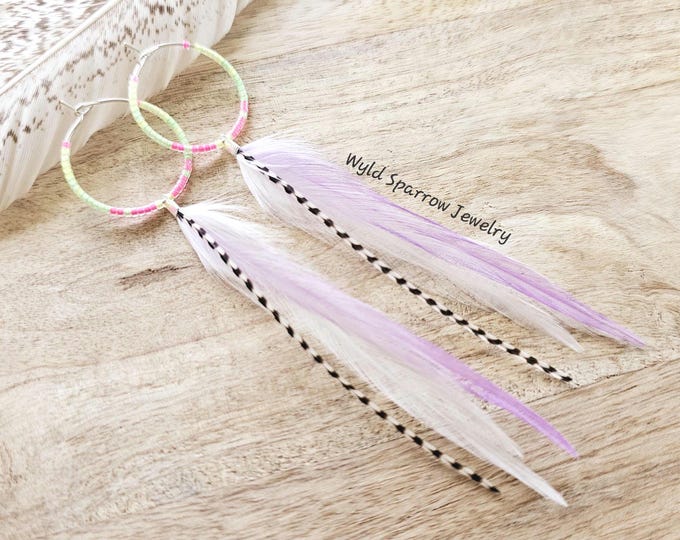Neon Feather Earring, beaded feather earring, seed bead earring, festival jewelry, colorful earring, beaded hoop, feather hoop earring, boho