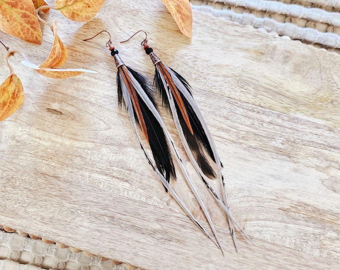 Black Feather Earrings: gray feather earring, long feather earring, real feather earring, boho autumn jewelry, black boho earring, boho gift
